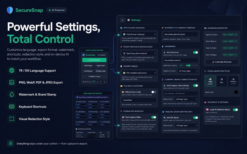 SecureSnap Settings, Export Formats, and Brand Watermark Panel